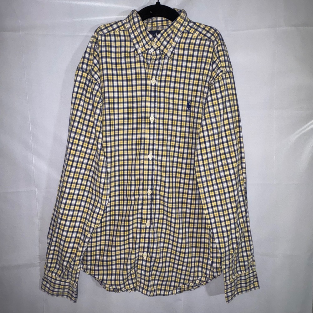 Ralph Lauren Boys M 12-14 Plaid Button Down Shirt Yellow Navy Blue Cotton Pony